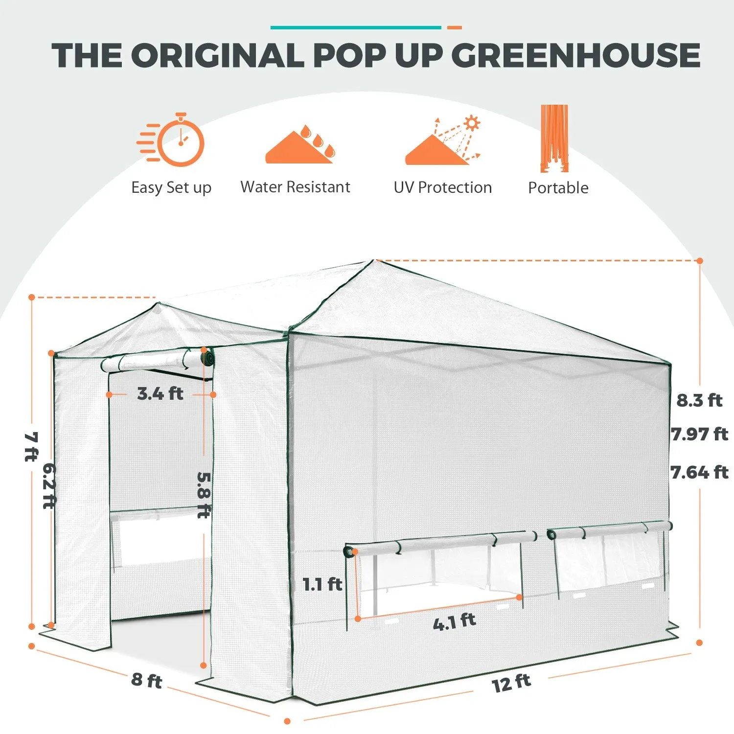 12x8 Portable Large Walk-in Pop Up Greenhouse