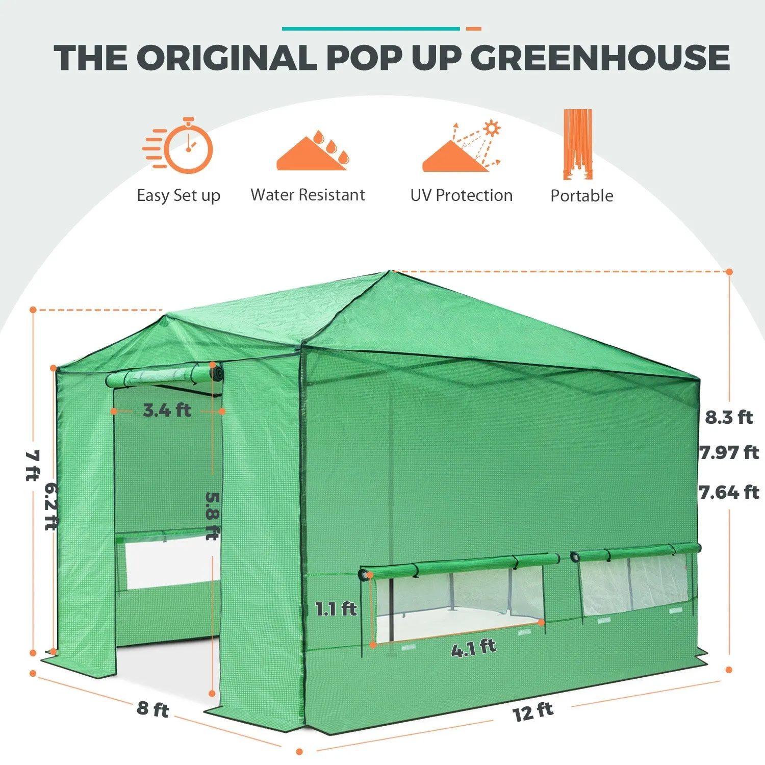 12x8 Portable Large Walk-in Pop Up Greenhouse