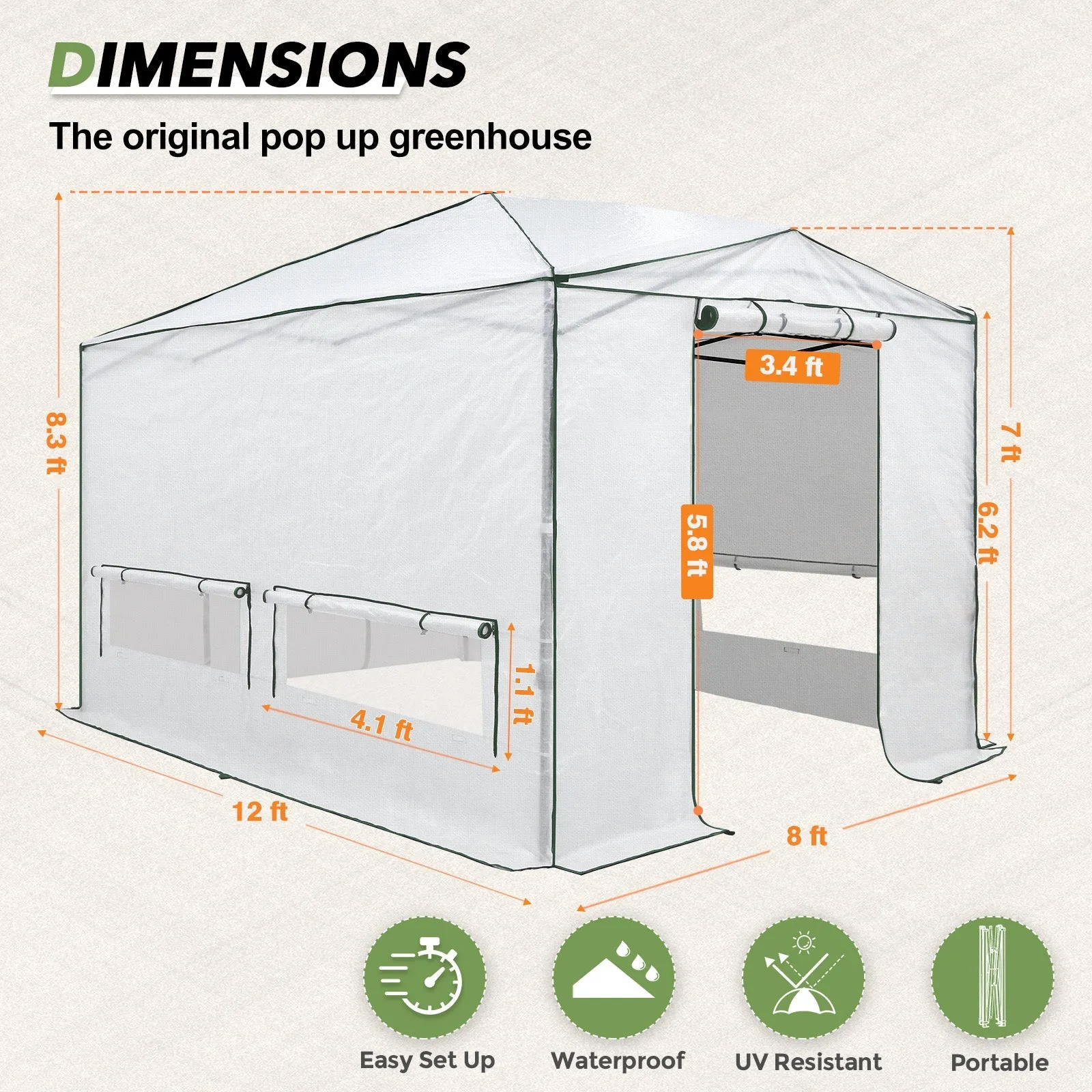 12x8 Portable Large Walk-in Pop Up Greenhouse
