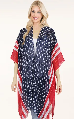 EAV9644US American Flag Sequins Kimono Cover Up