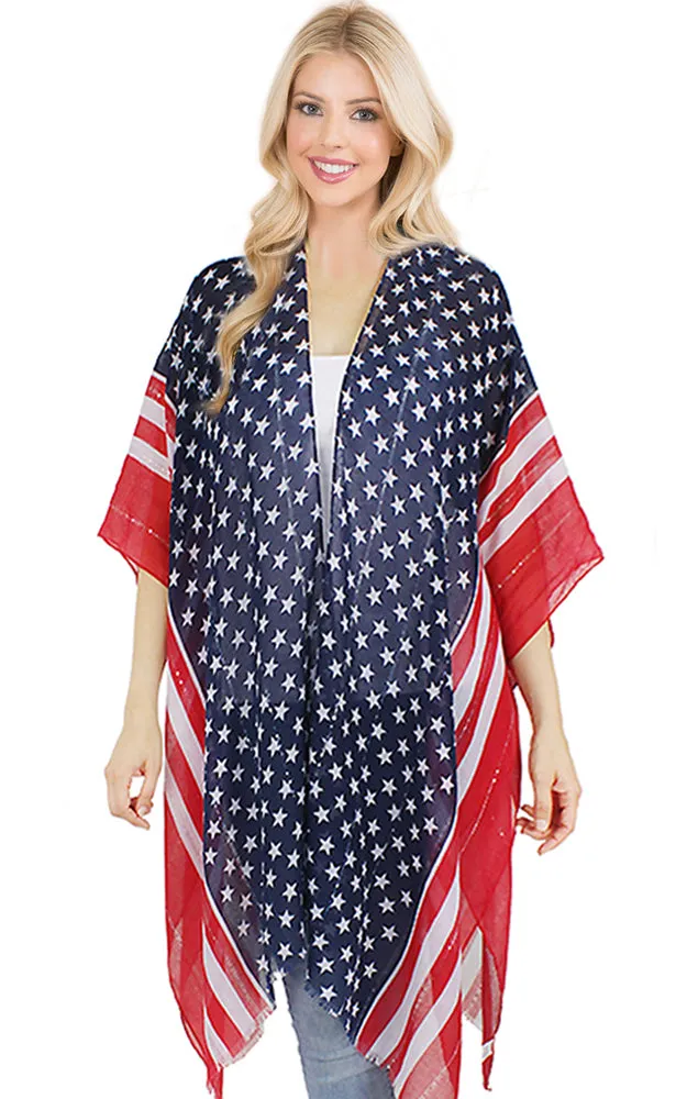 EAV9644US American Flag Sequins Kimono Cover Up