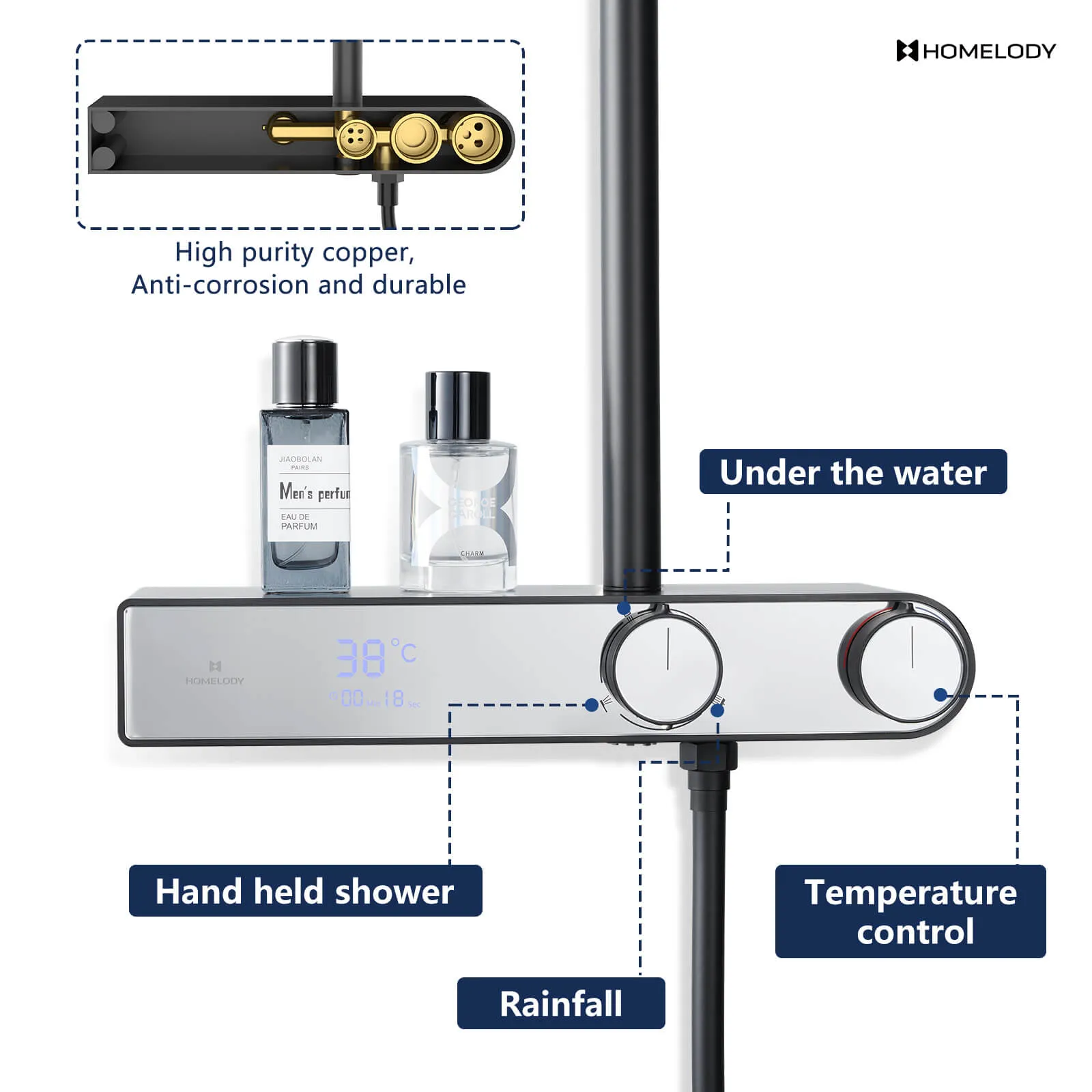 Homelody black shower system with LED temperature display. Adjustable shower rod with shelf