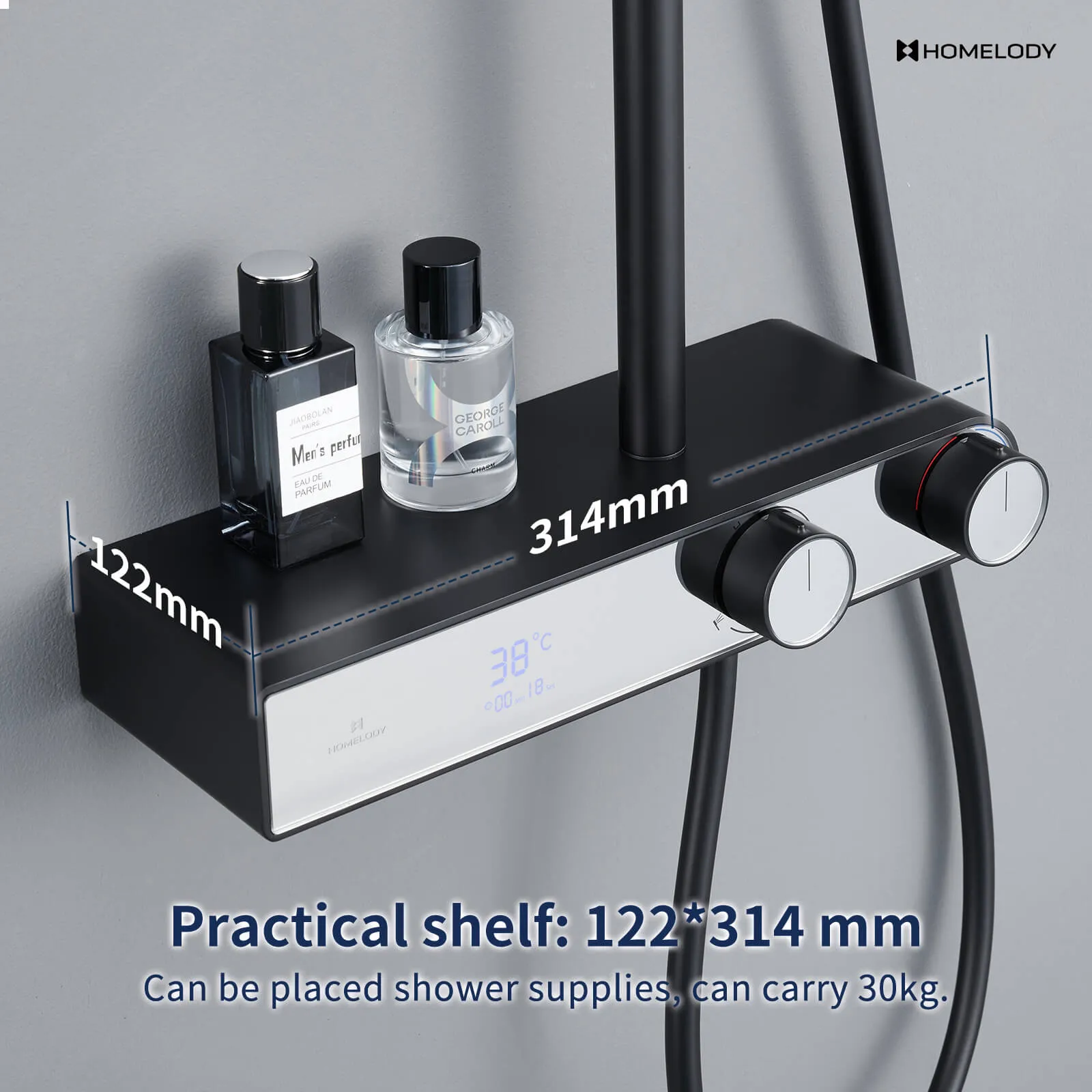 Homelody black shower system with LED temperature display. Adjustable shower rod with shelf
