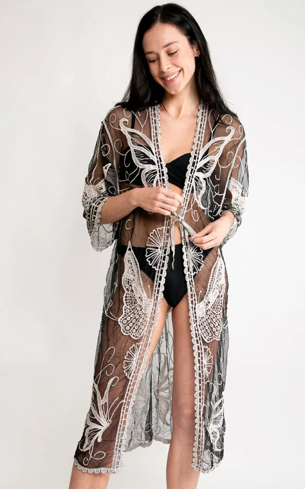 JP2139 Butterfly Pattern Lace Cover Up w/Tie-Knot Closure