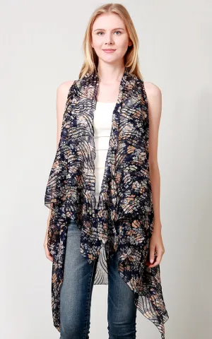 VP8033 Blue Flower Pattern Design Scarf Vest with Burnout Detail