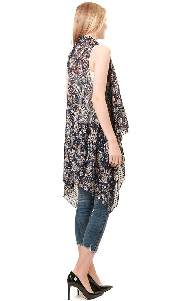 VP8033 Blue Flower Pattern Design Scarf Vest with Burnout Detail