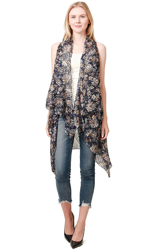 VP8033 Blue Flower Pattern Design Scarf Vest with Burnout Detail